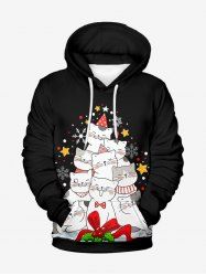 Sweat à capuche grande taille pour homme, imprimé Noël, houx, chats, flocons de neige et étoiles, avec cordon de serrage et poches. - Noir L