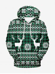 Plus Size Christmas Elk Snowflake Print Drawstring Pocket Hoodie For Men -  