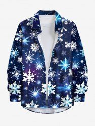 Plus Size Christmas Snowflake Galaxy Print Buttons Pocket Long Sleeves Shirt For Men -  