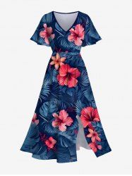 Robe midi hawaïenne fendue à imprimé feuilles tropicales et fleurs d'hibiscus (grande taille) - Bleu Marine 6X