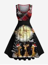 Robe trapèze vintage grande taille à carreaux avec motif élan, Père Noël, flocons de neige, lune et girafe - Noir L