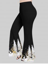 Pantalon évasé imprimé sapin de Noël et élan galaxie grande taille - Noir 3X