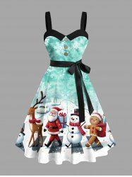 Robe grande taille de Noël imprimée Père Noël, flocons de neige et bonhommes de neige, col rabattu et ceinture - Bleu Ciel XS
