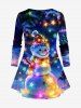 Plus Size Colorful Glitter Ombre Christmas Light Snowman Print Long Sleeves Women T-shirt -  