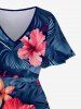 Robe midi hawaïenne fendue à imprimé feuilles tropicales et fleurs d'hibiscus (grande taille) - Bleu Marine 5X