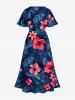 Robe midi hawaïenne fendue à imprimé feuilles tropicales et fleurs d'hibiscus (grande taille) - Bleu Marine 5X