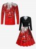 Plus Size Christmas Ball Star Tassel Leaf Glitter 3D Print Scalloped V Neck Dress With A Belt -  