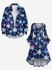 Plus Size Christmas Snowflake Galaxy Print Ruched Flare Sleeves High Low Dress -  