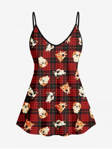 Plus Size Christmas Plaid Dog Print Cami Top - RED - S
