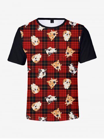 Plus Size Christmas Plaid Dog Print T-shirt For Men - RED - 4XL