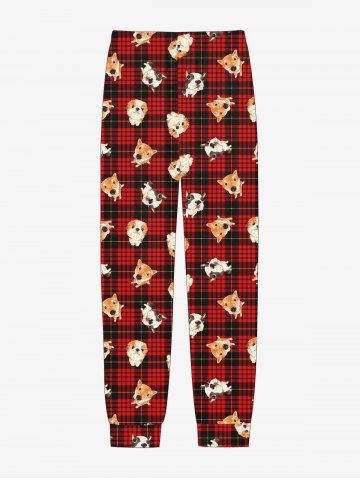 Plus Size Christmas Plaid Dog Print Pajama Jogger Pants For Men - RED - XL