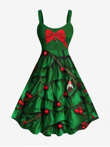 Plus Size Christmas Holly Chain Costume Pattern Bowknot Print A Line Dress - GREEN - M