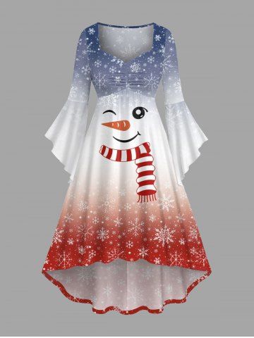 Plus Size Christmas Snowman Snowflake Ombre Colorblock Print Cinched Flare Sleeves High Low Dress - WHITE - 1X