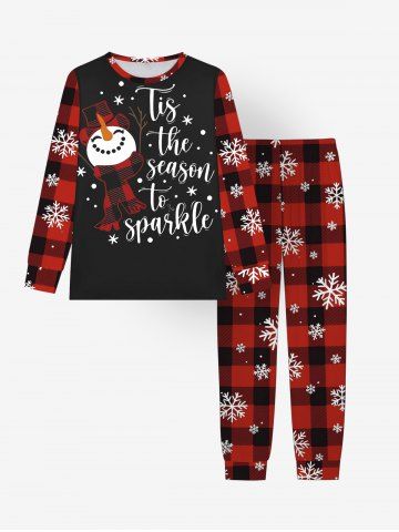Plus Size Christmas Snowman Snowflake Plaid Print T-shirt And Jogger Pants Pajama Set - CHERRY RED - S
