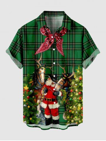 Plus Size Christmas Tree Santa Claus Elk Plaid Print Buttons Pocket Shirt For Men - DEEP GREEN - S