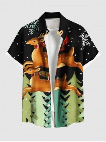 Plus Size Christmas Tree Elk Snowflake Print Buttons Pocket Shirt For Men - BLACK - S