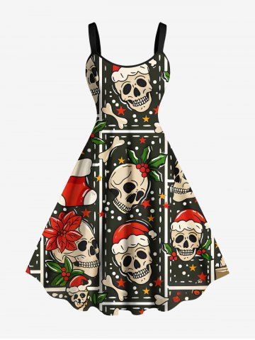Plus Size Christmas Hat Skull Holly Print A Line Dress - BLACK - XXS