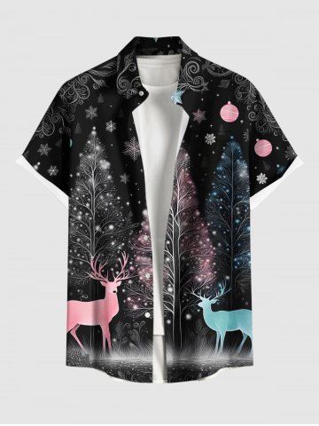 Plus Size Glitter Christmas Tree Elk Ball Snowflake Print Button Pocket Shirt For Men - BLACK - 5XL
