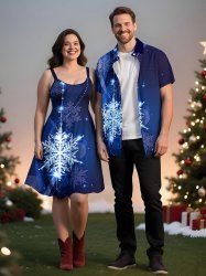 Ensemble assorti grande taille pour couples, imprimé galaxie ombré pailleté flocons de neige, Noël - Bleu Ciel 