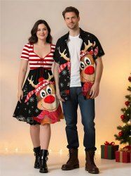 Ensemble assorti grande taille pour couples, motif flocons de neige et élans, à rayures - Rouge 