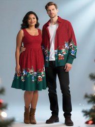 Christmas Pine Needles Doll Drum Candy Print Plus Size Matching Outfit For Couples -  