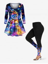 Colorful Glitter Ombre Christmas Light Snowman Print Long Sleeves Women T-shirt and Leggings Plus Size Matching Set -  