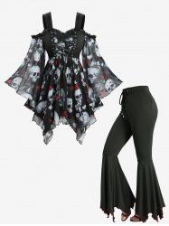 Skull Bowknot Heart Printed Mesh Handkerchief Top and Lace Up Contrast Piping Flare Pants Plus Size Outfit -  