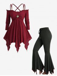 Pointelle Hollow Out Jacquard Embroidery Crisscross Top and Lace Up Contrast Piping Flare Pants Plus Size Outfit -  