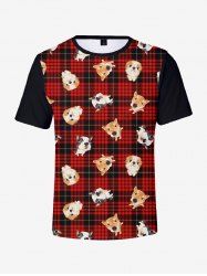 T-shirt à carreaux pour homme grande taille avec imprimé chien pour Noël - Rouge 3XL