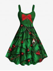 Plus Size Christmas Holly Chain Costume Pattern Bowknot Print A Line Dress -  