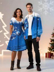 Christmas Ball Snowflake Stars Print Plus Size Matching Outfit For Couples -  