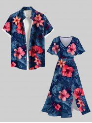 Hibiscus Flowers Tropical Leaf Print Plus Size Matching Hawaii Beach Outfit For Couples -  