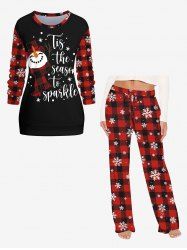 Christmas Snowman Snowflake Plaid Print Plus Size Matching Sleepwear Set -  