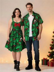 Costume de Noël avec guirlande de houx, imprimé nœud papillon, grande taille, tenue assortie pour couples - Vert 