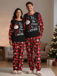 Matching Snowman Snowflakes Plaid Christmas Pajamas for Couples Long Sleeves Sleepwear Set -  