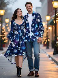 Christmas Snowflake Galaxy Print Plus Size Matching Outfit For Couples -  