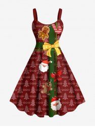 Plus Size Christmas Tree Santa Claus Gingerbread Bowknot Print Tank Dress - Rouge 4X