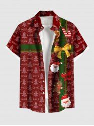 Plus Size Christmas Tree Santa Claus Gingerbread Bowknot Print Buttons Pocket Shirt For Men -  