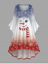Plus Size Christmas Snowman Snowflake Ombre Colorblock Print Cinched Flare Sleeves High Low Dress -  