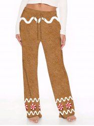 Plus Size Women's Christmas Gingerbread Candy Heart Bowknot Print Drawstring Wide Leg Pants -  