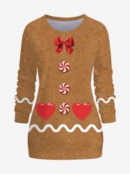 Plus Size Women's Christmas Gingerbread Candy Heart Bowknot Print Sweatshirt -  