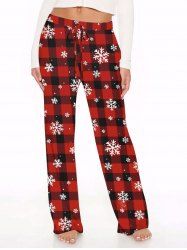 Pantalon à jambes larges à carreaux et flocons de neige pour femme grande taille, avec cordon de serrage - Rouge foncé 4X