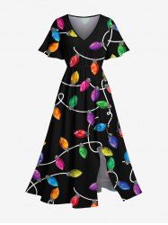 Plus Size Colorful Christmas Light Print Split Pocket A Line Midi Dress -  