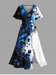 Plus Size Flower Leaf Contrast Print Hawaii Split Pocket A Line Midi Dress -  