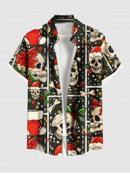 Plus Size Christmas Hat Skull Holly Print Button Pocket Shirt For Men -  