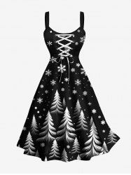 Plus Size Christmas Tree Snowflake Print Lace Up A Line Dress -  