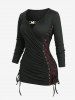 Fishnet Skull Lace Up Surplice Butterfly Buckle Top and Spider Web Flocking Flare Pants Plus Size Outfit - Noir 