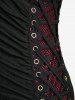 Fishnet Skull Lace Up Surplice Butterfly Buckle Top and Spider Web Flocking Flare Pants Plus Size Outfit - Noir 