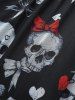 Skull Bowknot Heart Printed Mesh Handkerchief Top and Lace Up Contrast Piping Flare Pants Plus Size Outfit -  