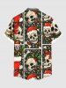 Plus Size Christmas Hat Skull Holly Print Button Pocket Shirt For Men -  